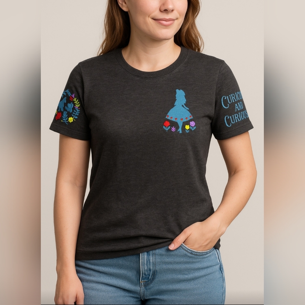 Dark Gray Curiouser and curiouser embroidered Alice in Wonderland T Shirt S